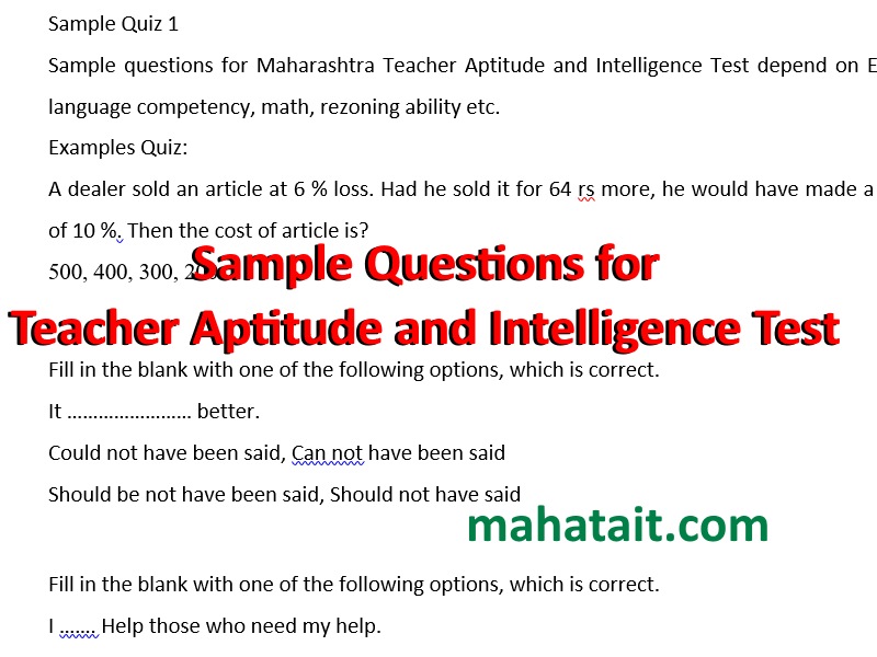 Sample Questions For Teacher Aptitude And Intelligence Test
